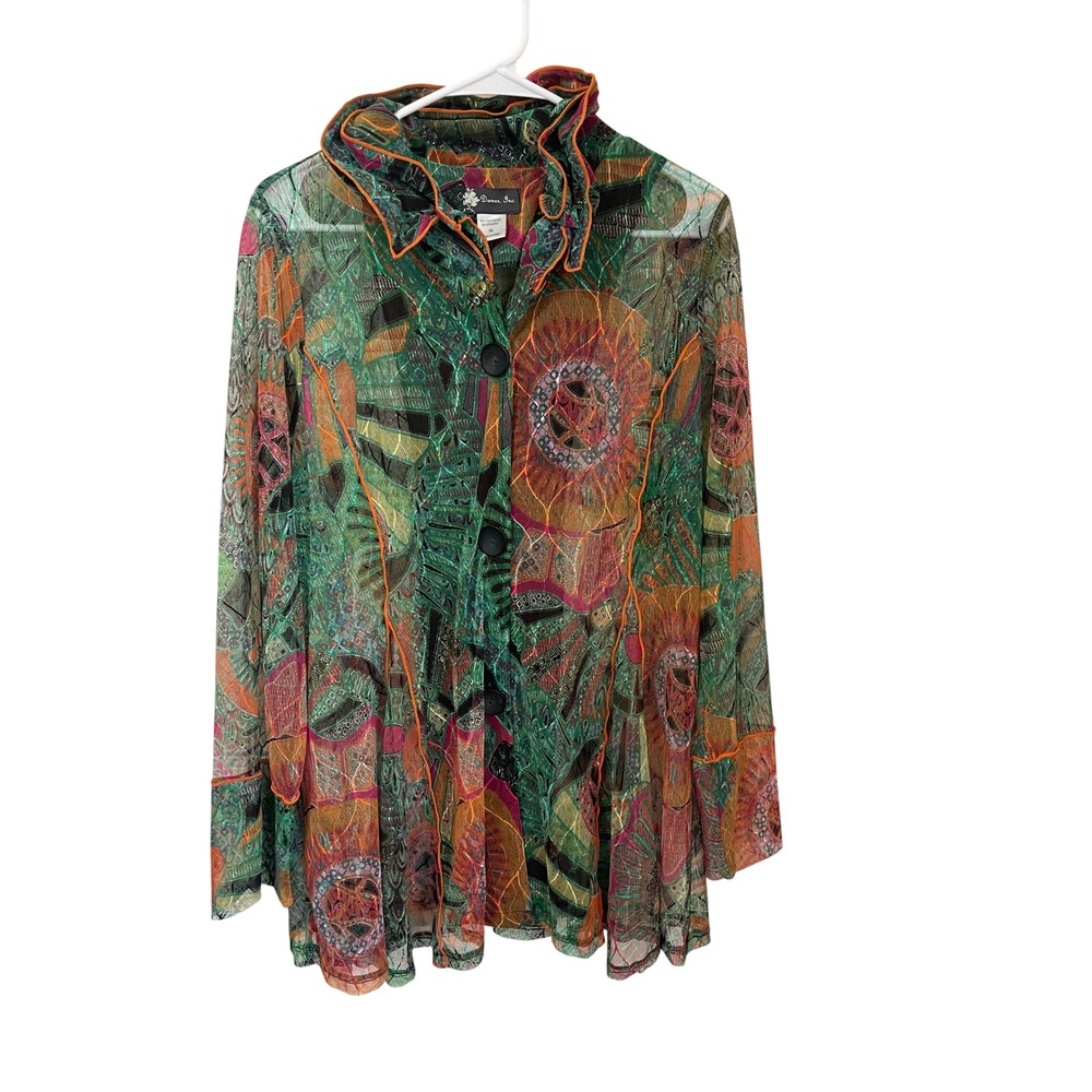 Damee Inc Womens XL Sheer Mesh Abstract Print Ruffle Collar Button Front Jacket